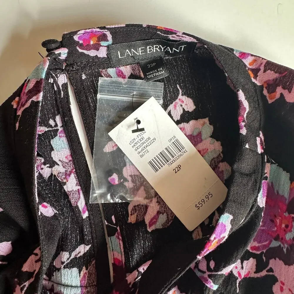 Lane Bryant NEW Floral Keyhole Tunic Womens Size 22 Petite Black Multicolor Top